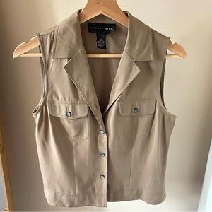 August Silk Sleeveless Button Down Front Pocket Collared Tan Khaki Top